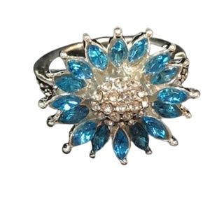 Silver Ring with Blue Rhinestones Flower Motif